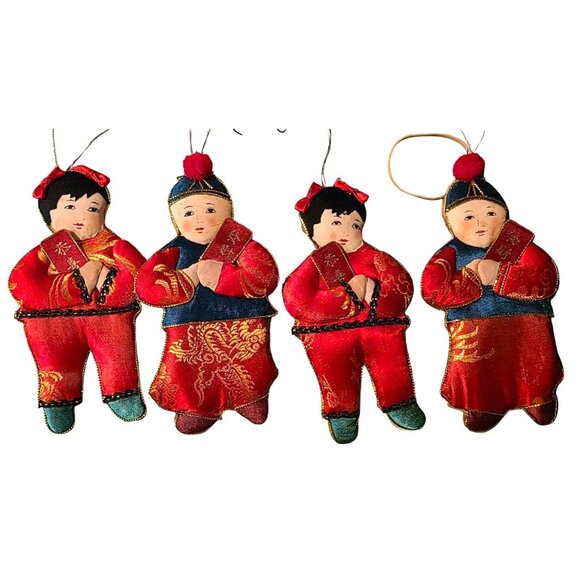 4 Vintage Ornament Dolls Fabric Asian-Inspired In Red & Blue With Gold Accents - Picture 2 of 8